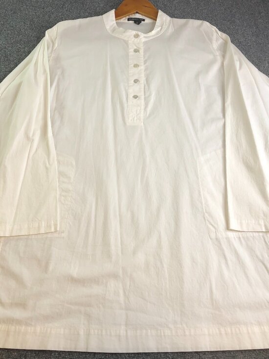 Eileen Fisher Tops - Eileen Fisher Tunic Shirt Womens Medium White Organic Cotton Band Collar Button